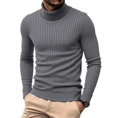 Autumn Winter Men's Turtleneck Sweater Warm Slim Fit Knitted Pullover Jacquard Striped Cozy Soft Knitwear Basic Style.