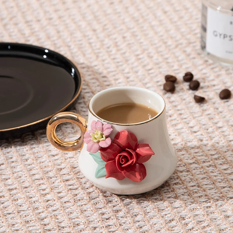 120ml Ceramic Coffee Cup Saucer Set Hand Pinched Flowers with Hand and Dish Milk Tea Porcelain Drinkware Tableware Gift.