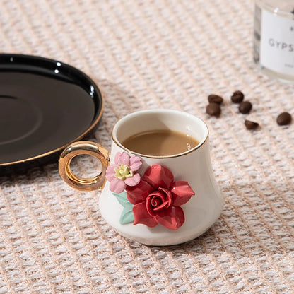 120ml Ceramic Coffee Cup Saucer Set Hand Pinched Flowers with Hand and Dish Milk Tea Porcelain Drinkware Tableware Gift.