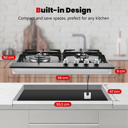 4 Burners Black Enamelled Plate 58 cm Automatic Flame Protection, Natural Gas and Propane Gas, Built-in Gas Hob.