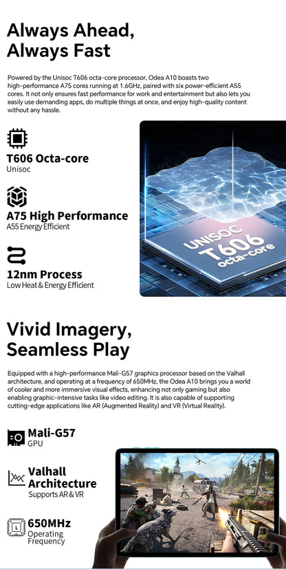Odea A10 Tablet 10.1" IPS Android 14 T606 Octa-core Max 12GB(4GB+8GB) RAM 128GB ROM Type-C Widevine L1 Earphone Jack Face Unlock.