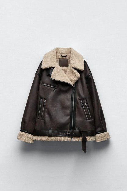 Frau dicke warme doppelseitige Faux Shear ling Jacke Herbst Winter neue Revers Langarm Gürtel Saum Reiß verschluss weibliche Oberbekleidung