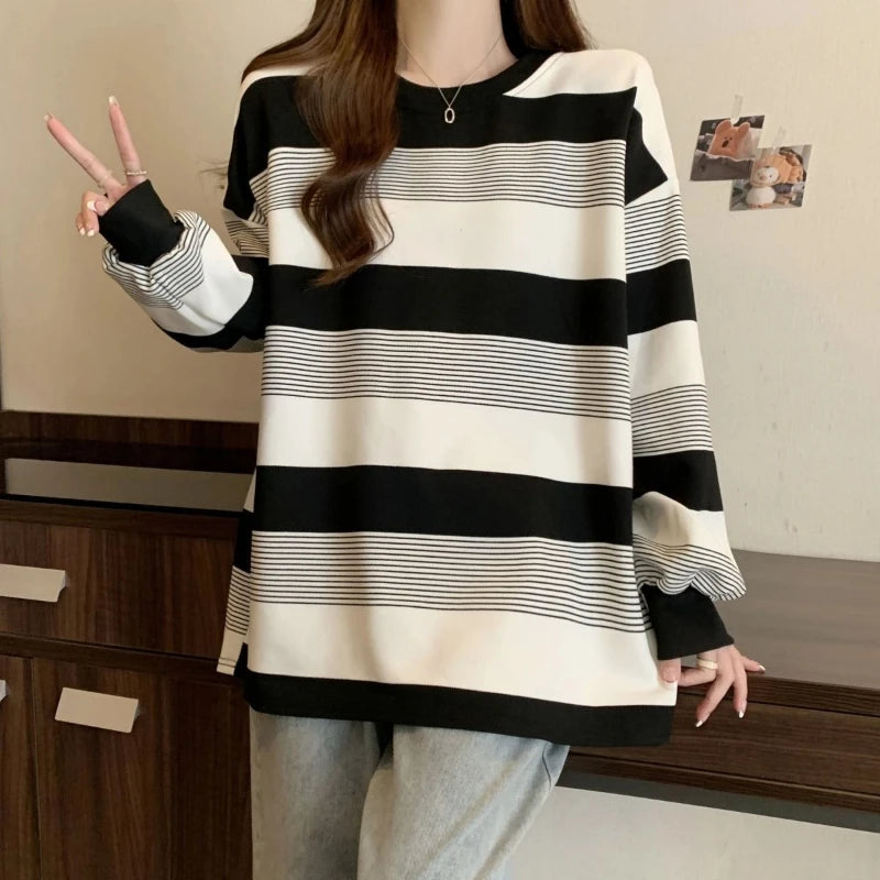 Vintage Striped Thin Hoodies Sweatshirts Spring Autumn Long Sleeve Loose Lazy Style Pullovers Top Casual Fashion Women Clothing.