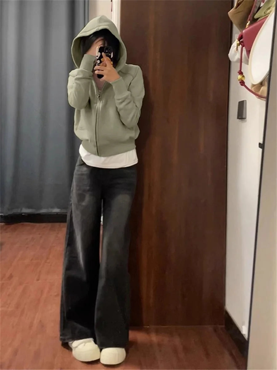 Frühherbstliche, schicke, lässige Kapuzenjacke, schmale Passform, langärmeliges, kurzes Oberteil, warme Strickjacke mit Reißverschluss, koreanischer Stil, Kapuzenpullover.