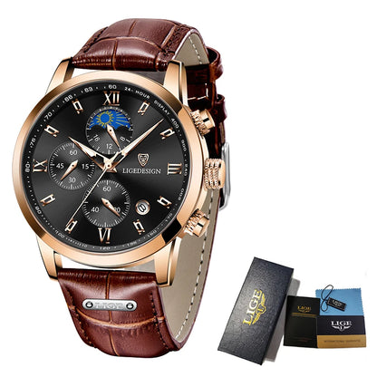 LIGE Luxury Fashion Women Watch Leather Strap Waterproof Casual Sport Quartz Wristwatch 24 hour Moon Phase Clock Watch for Women