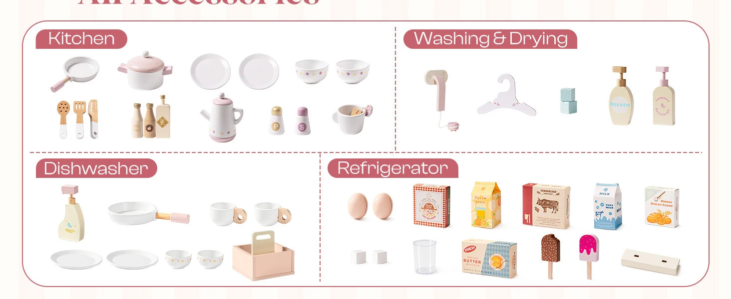 Robotime Robud Kids Corner Kitchen Playset Wooden Play Kitchen Set with Realistic Sound Pretend Play Gift for Boys Girls Pink.