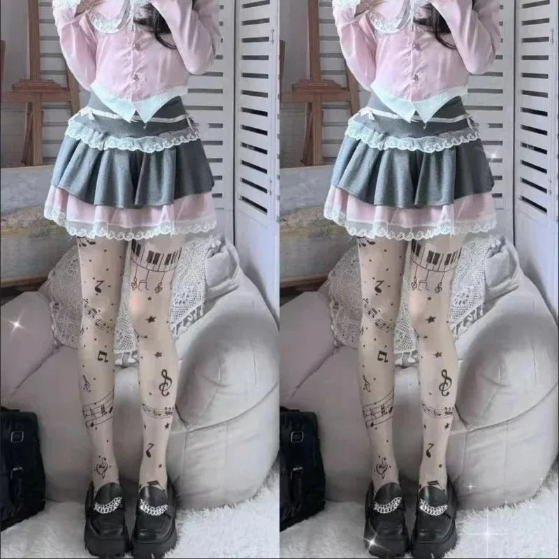 Women Personalized Stocking Gothic Music Notes Print Tights Thin High Elasticity Black Skin Leggings Spicy Girls Y2K Hosiery