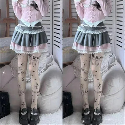 Women Personalized Stocking Gothic Music Notes Print Tights Thin High Elasticity Black Skin Leggings Spicy Girls Y2K Hosiery