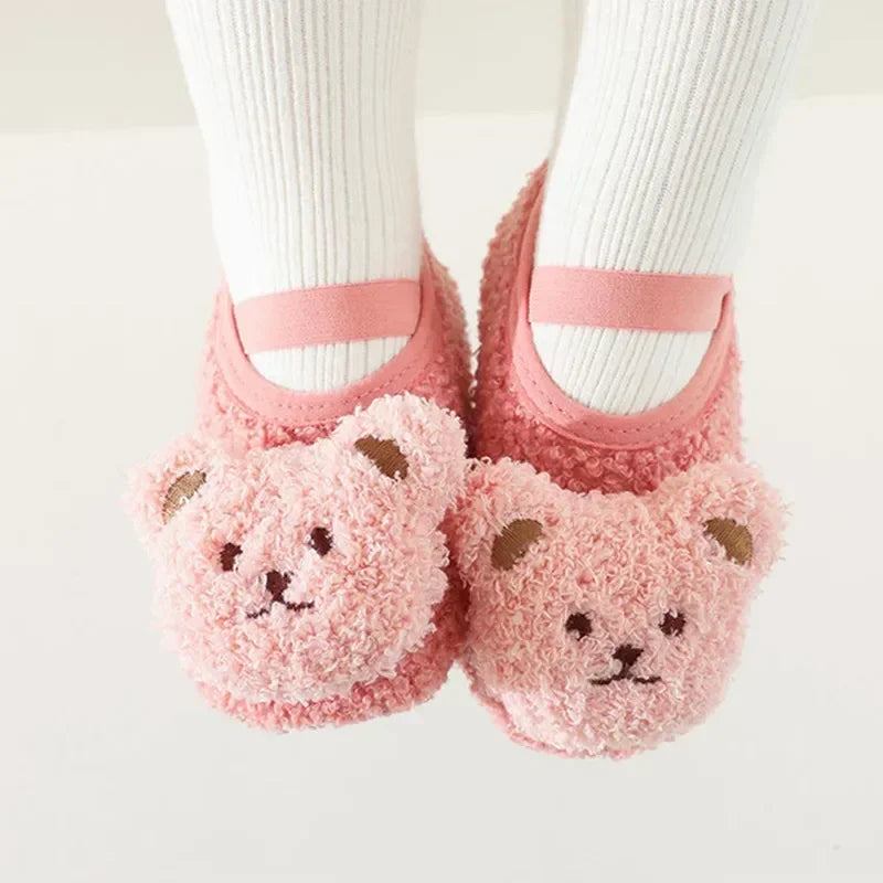 Warm Newborn First Walker for Boy Girl Cartoon Animal Bear Indoor Non-slip Floor Shoes Winter Fury Plush Floor Shoes
