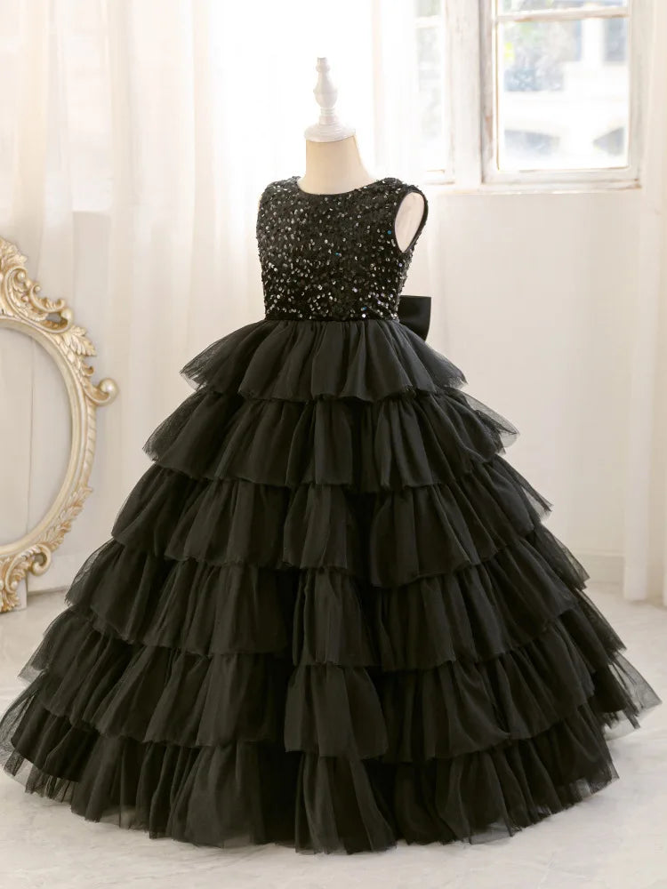 Mode Pailletten Mädchen Prinzessin Kleid Geburtstag Party Mädchen Layered Schwarz Hochzeit Kleid Für Kinder Elegante Klavier Leistung Kleid.