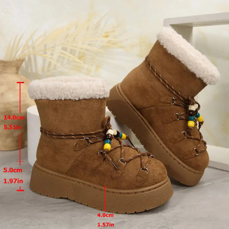 Chunky Platform Non Slip Furry Snow Boots Women 2025 Winter Soft Thick Bottom Warm Plush Ankle Boots Colorful Bead Lace Up Shoes.