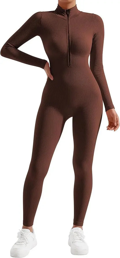 Seamless Long Sleeve Yoga Suit Waist-Fitted Shaping Trousers Casual Sports One-Piece Zippered Fitness Wear
