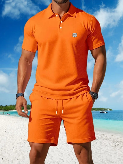 2025 Men's casual sports mesh set, summer T-shirt fashionable, comfortable and breathable lapel beach two-piece set