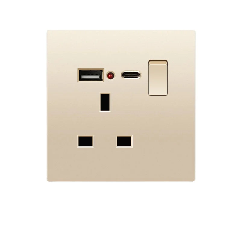 UK Standard 13A Gold USB Stecker Wandsteckdose Lichtschalter, 220V Universal 6-Loch-Doppelsteckdose mit 2,1A USB-Ladeanschluss