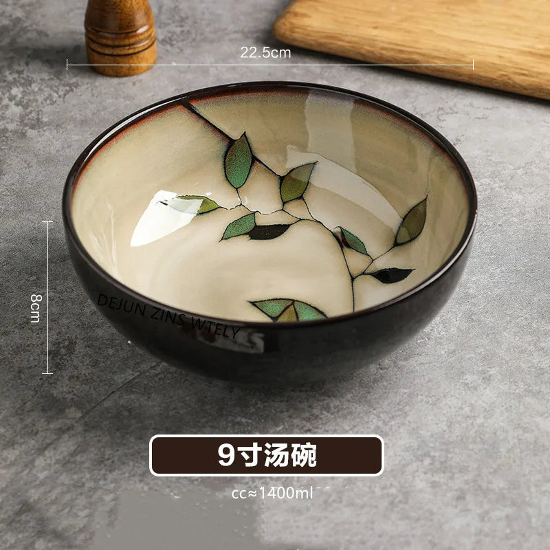 1Pc Vintage Bamboo Leaf Ceramic Bowl Salad Plate Exquisite Ceramic Cutlery Household Noodle Bowl Western Steak Cake Sushi Plate