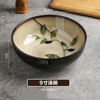 1Pc Vintage Bamboo Leaf Ceramic Bowl Salad Plate Exquisite Ceramic Cutlery Household Noodle Bowl Western Steak Cake Sushi Plate