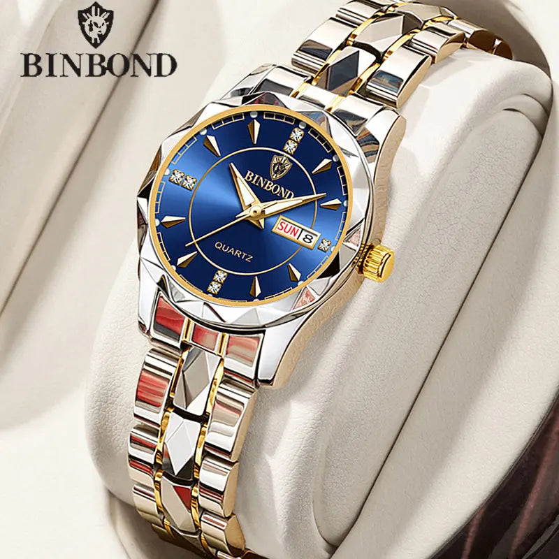 BINBONDB5552 30M Waterproof Luminous New Luxury Brand Quartz Womens Watches  Date Wristwatch Fashion Business Womens Watches.