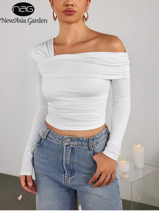 NewAsia Sexy Tight One Shoulder Top Long Sleeve Double Layer Crinkle Texture Asymmetrical Party Chic Blouse Women Fashion Tops.