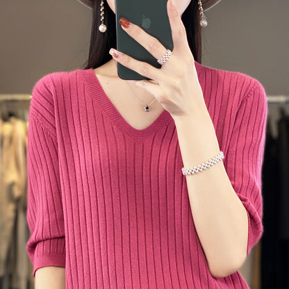 Frauen Pullover Frühling Sommer Kurzarm V-ausschnitt Strick Hemd Casual Koreanische Pullover Streifen Bodenbildung Shirt Slim Fit Jumper