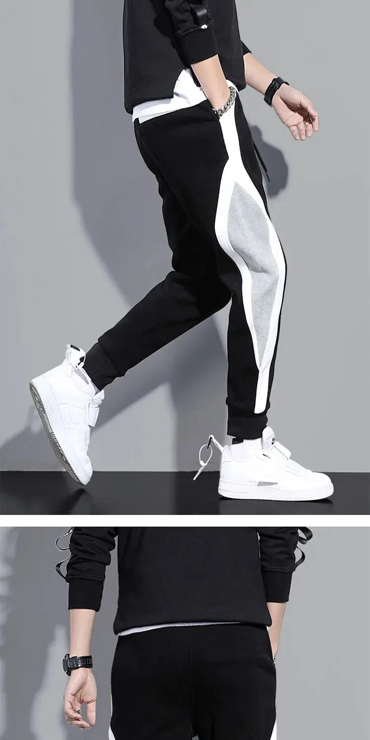 Autumn Men's Wide Loose Casual Pants Mens Patchwork Nine-point Sports  Elastic Rope Breathable Tie-foot Trousers.