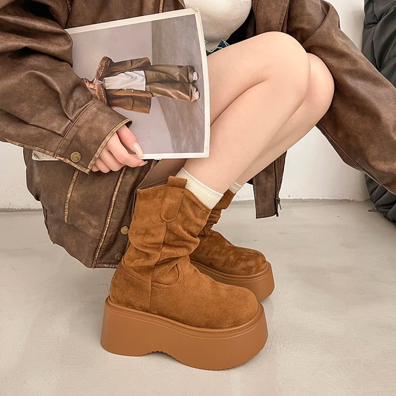 Chunky Platform Thick Sole Woman Ankle Boots Design Round Toe Slip On Shoes  2025 Autumn Winter Short Botas Para Mujer.