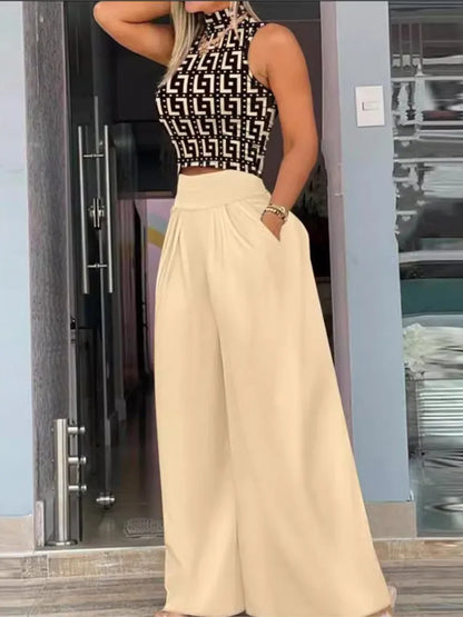 Summer Print Two Piece Set Women Fashion Casual Solid Sleeveless Tank Top Wide Leg Pants Two Piece Set Female Elegant Suit.
