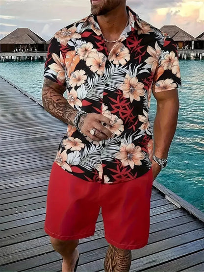 Men's Hawaii Shirt Set Men's 3D Printed Short Sleeve Shirt Shorts Two Piece Summer Beach Lapel Shirt Set Unisex Casual Clothing.