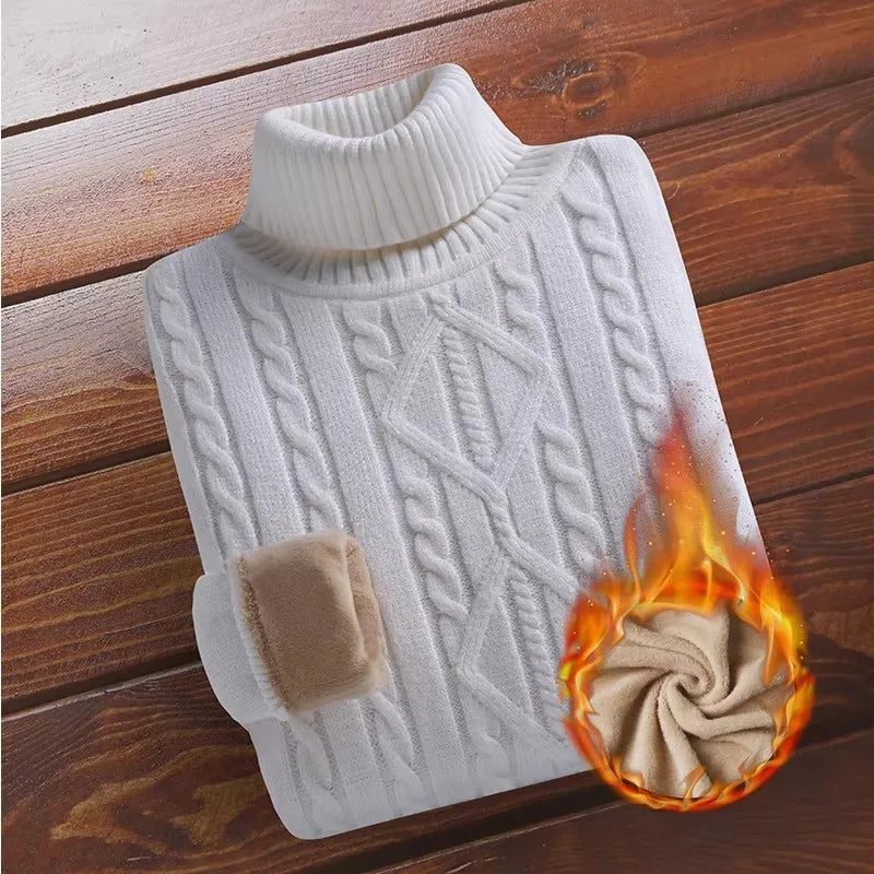 New Turtleneck Sweaters Men Autumn Winter Thick Knitted Sweaters Added Velvet Solid Color Casual Base Pullovers.