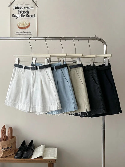 Beiyingni Korean Women High Waist Shorts With Belt Elegant Cotton Linen Casual Slim Female Shorts White Street Short Cargo Pants.