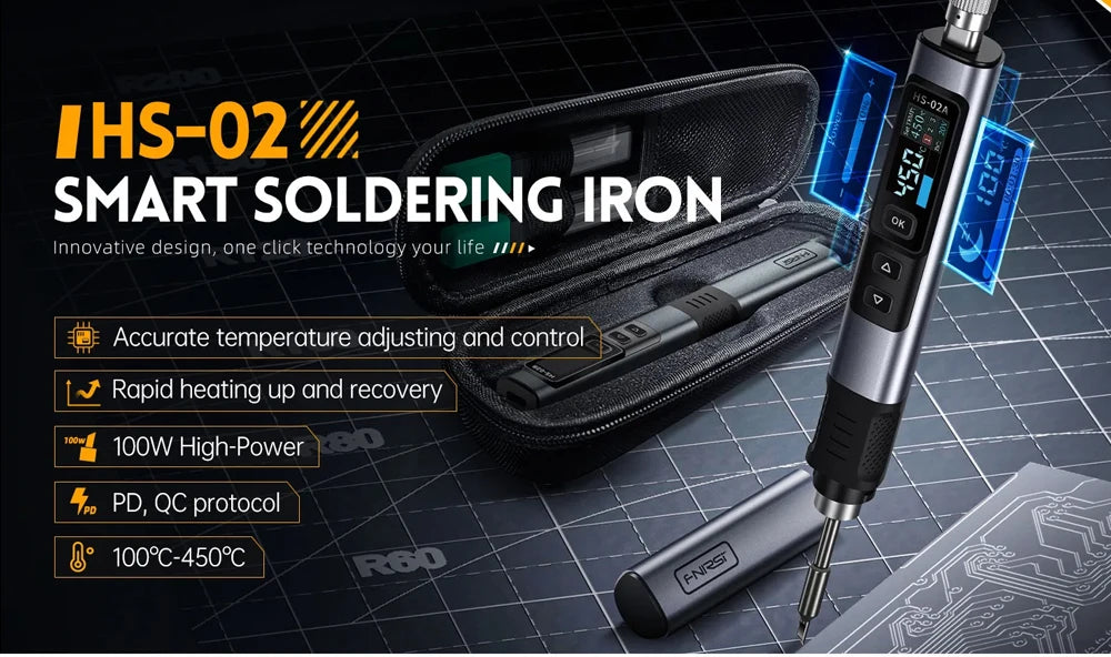 FNIRSI HS 02 Smart Soldering Iron Automatic Sleep 100-450℃ Temperature Rapid Heating PCB Soldering Station Portable Toolbox Kit.