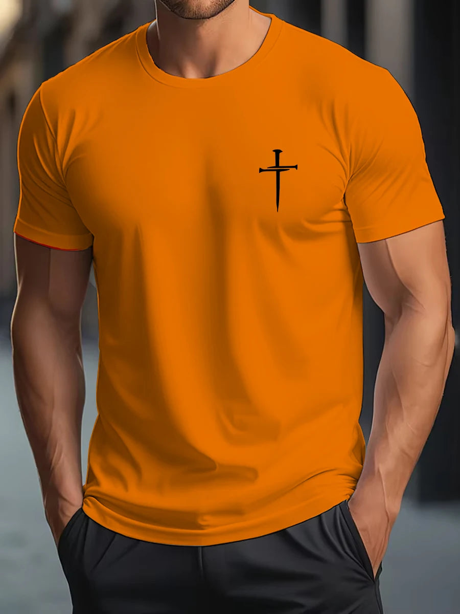 Men's Summer 100% Cotton Fashionable Casual Loose Large Size Faith Cross Printed Round Neck Short Sleeve T-shirt Top.