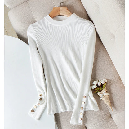 2025 Female Slim Knitted Soft Jumper Tops Autumn Winter Women Casual Sweater Pullovers Button Long Sleeve O-neck Chic Sweater