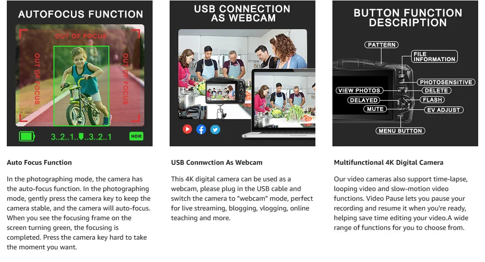 NBD 4K Digital Camera Ultra 48MP Camera Vlogging Camera with Wide Angle Lens 16X Digital Zoom 3.0 Inch Screen Camera.