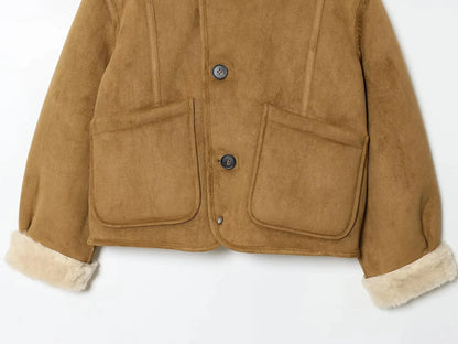 Frauen 2025, doppelseitig zu tragen, Lammsamtmantel, Damenmode, Stehkragen, einreihige Tasche, kurze Jacke, Damenoberbekleidung