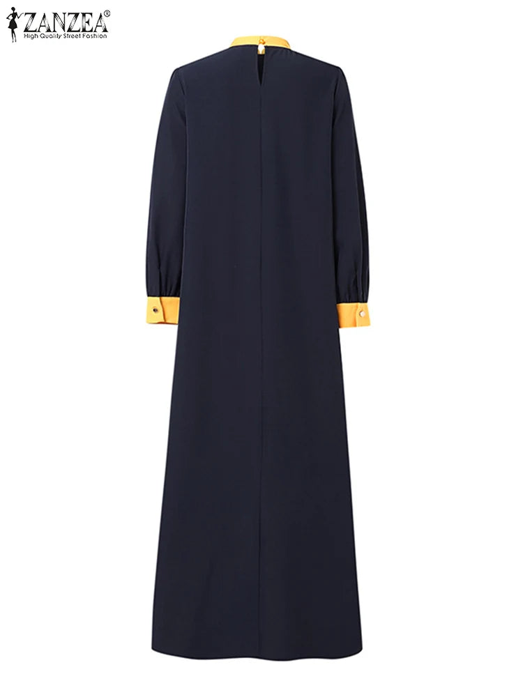 ZANZEA Women Autumn Patchwork Long Sleeve Maxi Dresses Muslim Turkey Abaya Dress Hijab Sundress Robe Femme Loose Vestidos Kaftan.