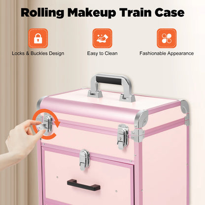 3 in 1 Rolling Makeup Case with Drawer, Large Makeup Case Organizers, Profesional Cosmetic Case for Salon Barber, Light Pink.