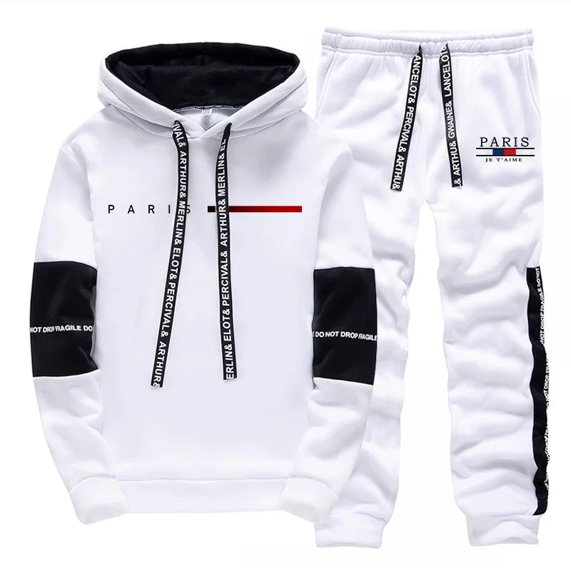 2025 Trendy Paris Print Hooded Tracksuit Men Winter Autumn Casual Jogging Outfit Athletic Sportswear Sweatpants Men's Clothes.