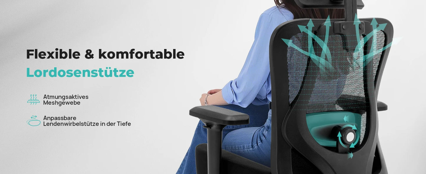 WOTSTA Ergonomischer Bürostuhl mit atmungsaktiver Rückenlehne und verstellbaren Kopfstützen-Armlehnen, gepolstertem Sitz, ideal für Arbeit und Studium