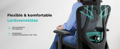 WOTSTA Ergonomischer Bürostuhl mit atmungsaktiver Rückenlehne und verstellbaren Kopfstützen-Armlehnen, gepolstertem Sitz, ideal für Arbeit und Studium