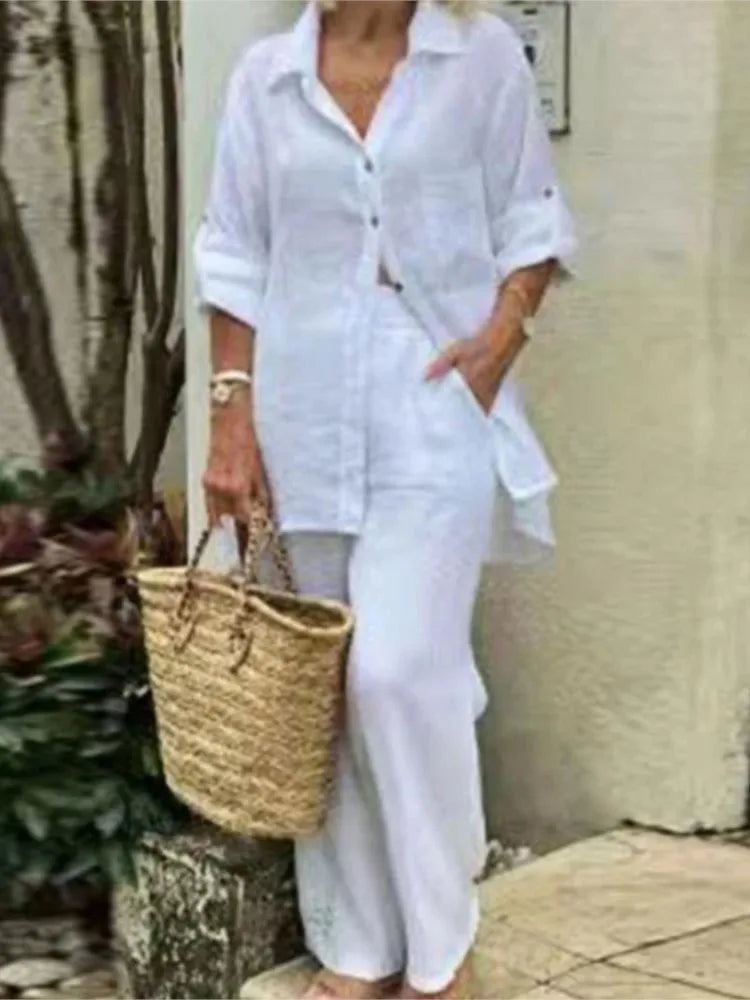 Elegant Solid Cotton Linen Shirt 2 Piece Set For Women Casual Outfits Autumn Long Sleeve Pocket Top Wide Leg Pants Suits Female.