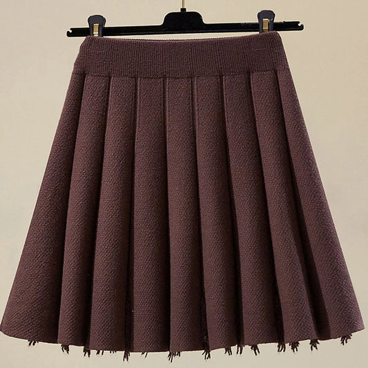 All Match Knitting Short Pleated Skirt Women Autumn Winter 2025 High Waist Mini Skirts Woman Casual Solid Thick A Line Skirts.