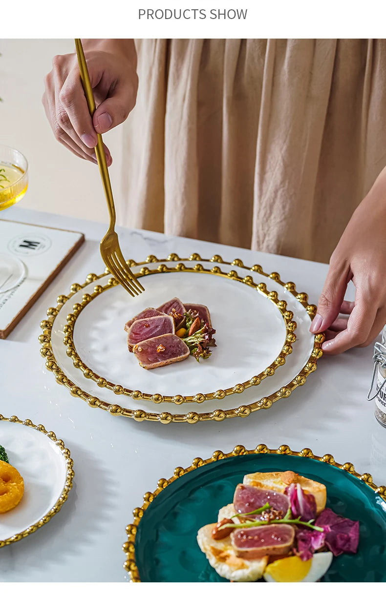 Nordic Ins Style Golden Edge Bead Plate Western Food Steak Plate Home Network Red Dish Creative Tableware Plate Breakfast Salad.