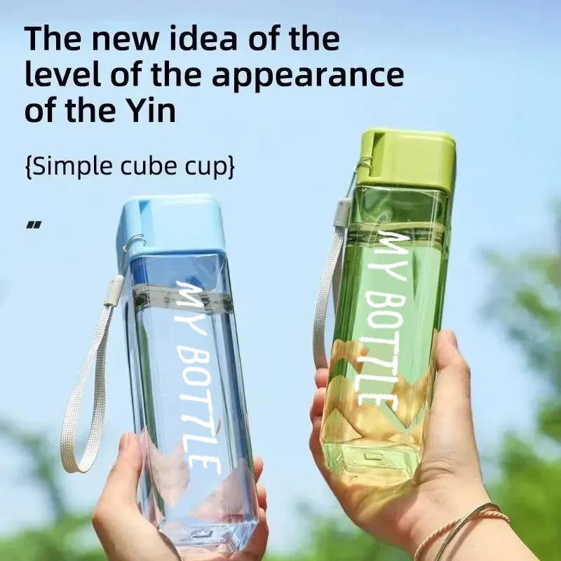 1 Pcs Clear Square Drinking Glass in Mate Plastic Portable Water Bottle with Milk Cable for Outdoor Sports.