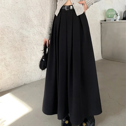 2024 New Korean Skirt Women Solid Color Versatile Mid-length Pleated Skirt Large Swing Type Skirt Female Long Skirts for Women.