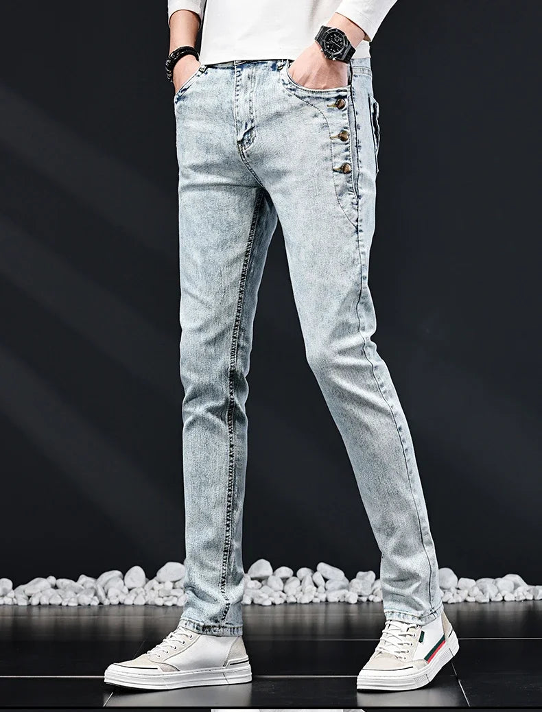 Slim Skinny Jeans Men New Elastic Korean Design Fashion Multi-Button Blue White Vintage Wash Cotton Stretch Denim Pants Trousers