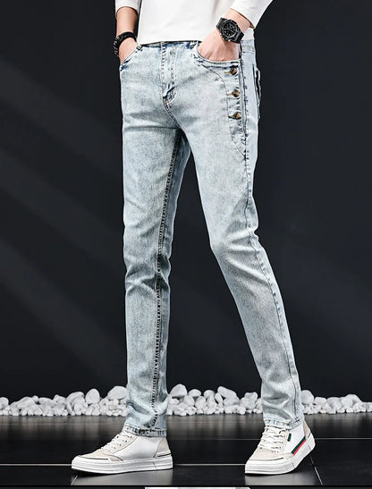 Slim Skinny Jeans Men New Elastic Korean Design Fashion Multi-Button Blue White Vintage Wash Cotton Stretch Denim Pants Trousers