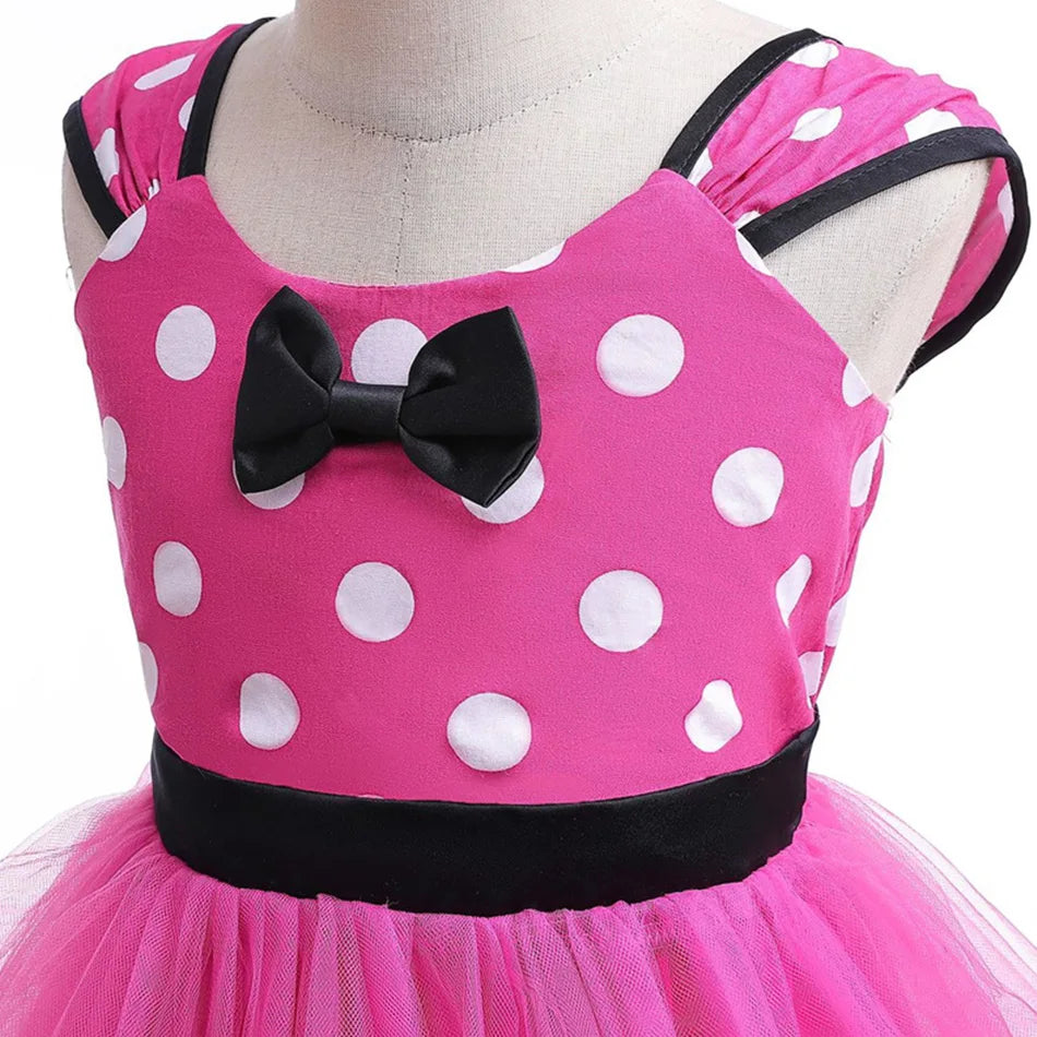 Disney Minnie Maus Polka Dot Kleid Mädchen Rosa Rot Sommer Kleidung Kinder Geburtstag Karneval Weihnachten Party Bogen Mesh Kleid Kostüme.