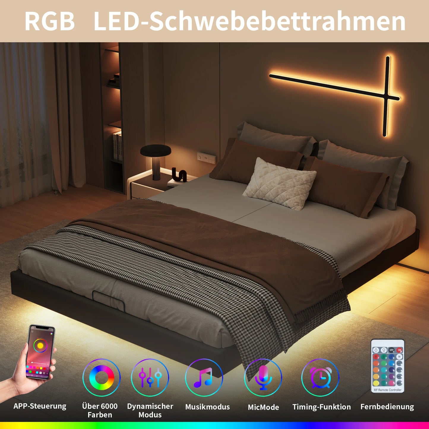 Lazyspace Bettgestell 160 x 200 cm mit LED-Beleuchtung und Stauraum, schwebender Bettrahmen mit Metalllattenrost, ohne Matratze