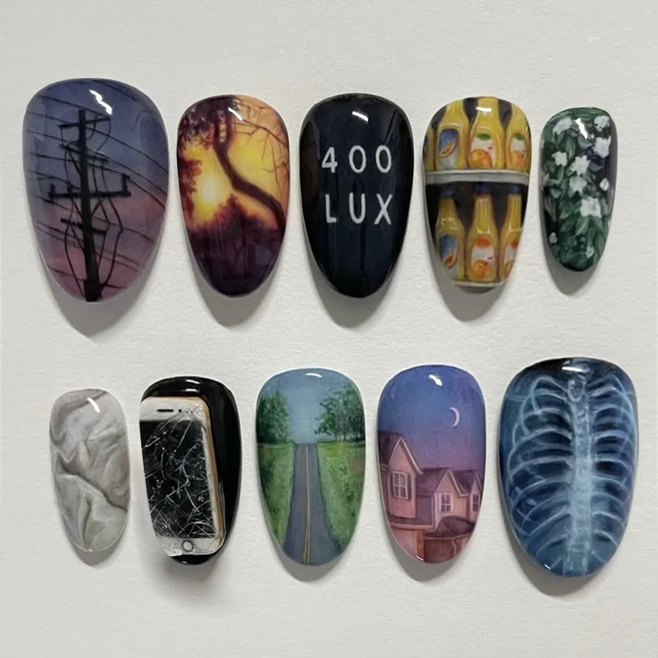 24pcs Flower Print Press on Nails Wine Red Blush Almond False Nail Tips Wearable Reusable Summer Spicy Girl Fake Nails.