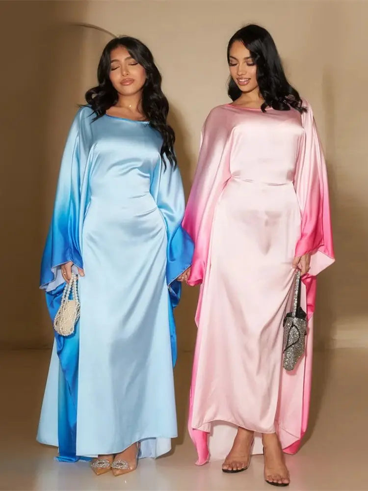 Gradient Batwing Butterfly Sleeve Satin Abaya Dubai Luxury Muslim Kaftan Dress For Women Kebaya Caftan Marocain Femme Vestidos.